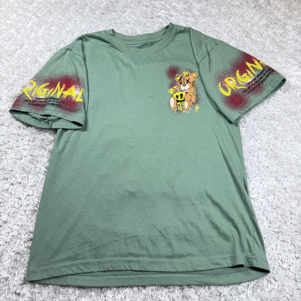 Fresh Laundry Men's T Shirt XL Olive Green Bear Graphic Streetwear Grunge Punk